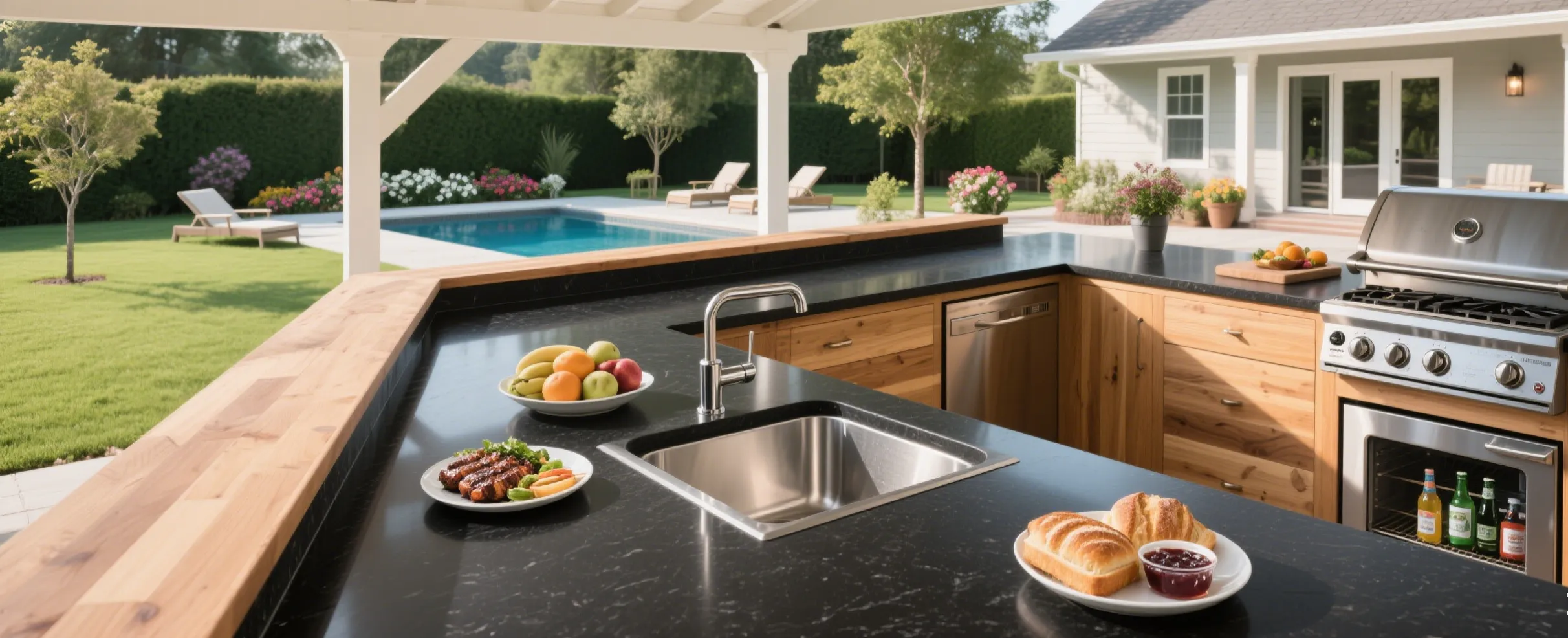 Minimalist black kitchen island with rectangular stainless steel sink, silver faucet, bright windows, white walls, and small plant decoration